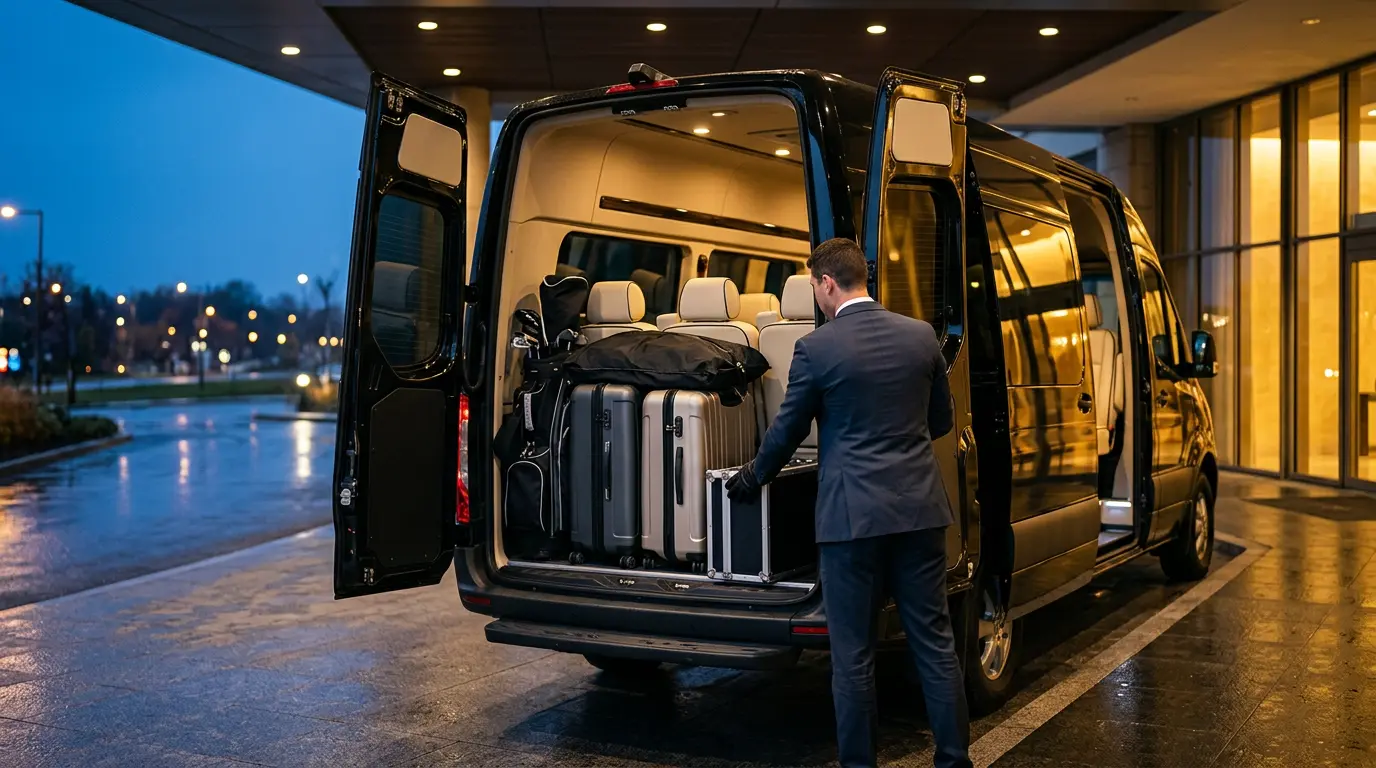 A chauffeur loading suitcases, a garment bag and a golf bag into the open rear of a black Sprinter van outside a hotel at dusk