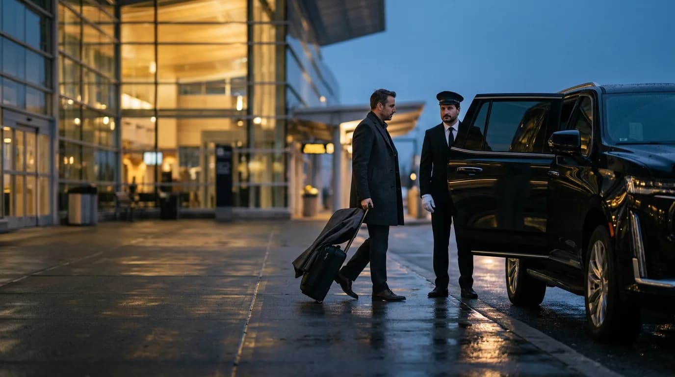 A chauffeur in a cap and white gloves beside the open rear door of a black Cadillac Escalade, greeting a business traveller with a carry-on outside a lit airport terminal at dusk
