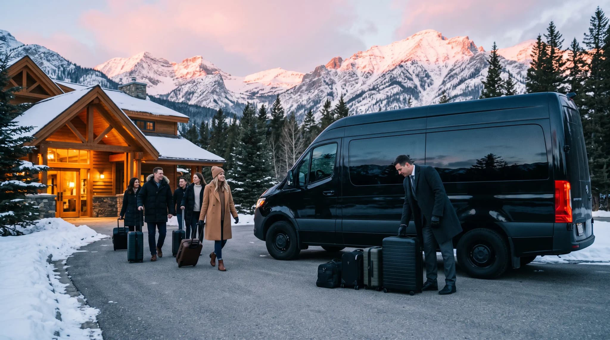 A team pulling suitcases walks from a mountain lodge toward a black Sprinter van as a chauffeur lines up their bags, with snow-covered peaks lit pink behind