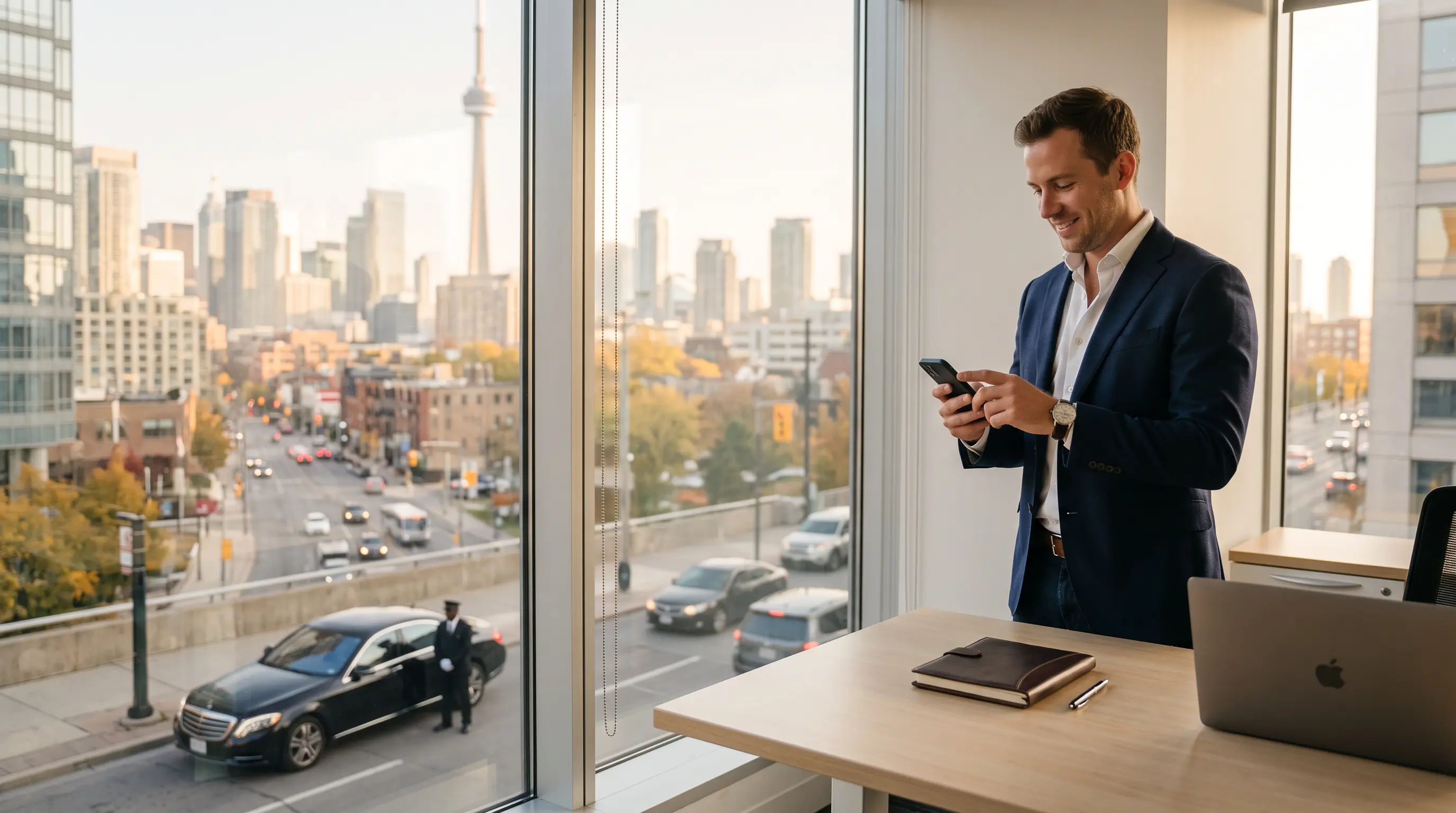 An executive assistant smiles as he sends a message on his phone by an office window overlooking Toronto and the CN Tower, while a chauffeur waits beside a black sedan on the street below
