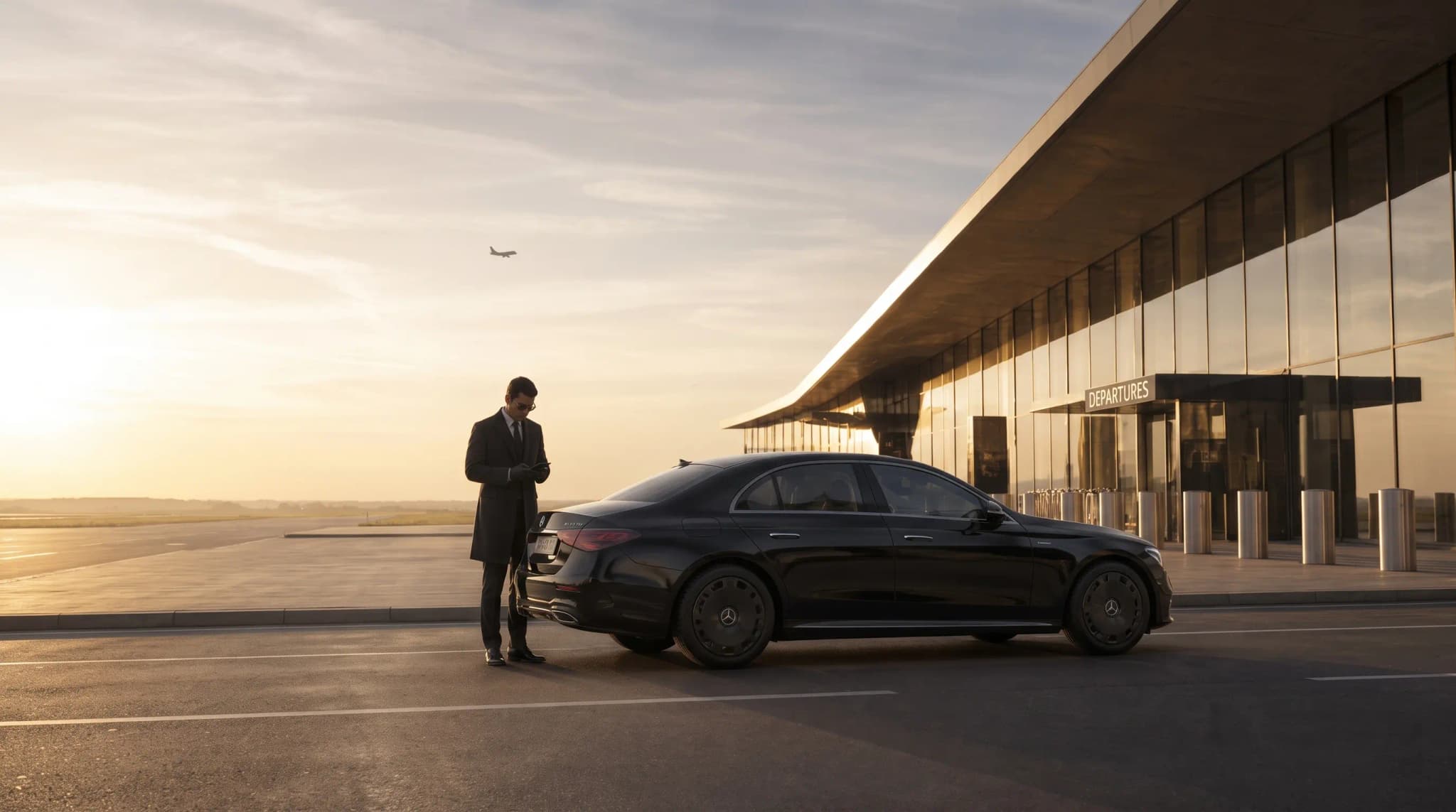 A chauffeur in sunglasses and leather gloves checks a phone beside a black Mercedes-Benz E-Class outside an airport terminal in low golden sun, with a plane in the distant sky