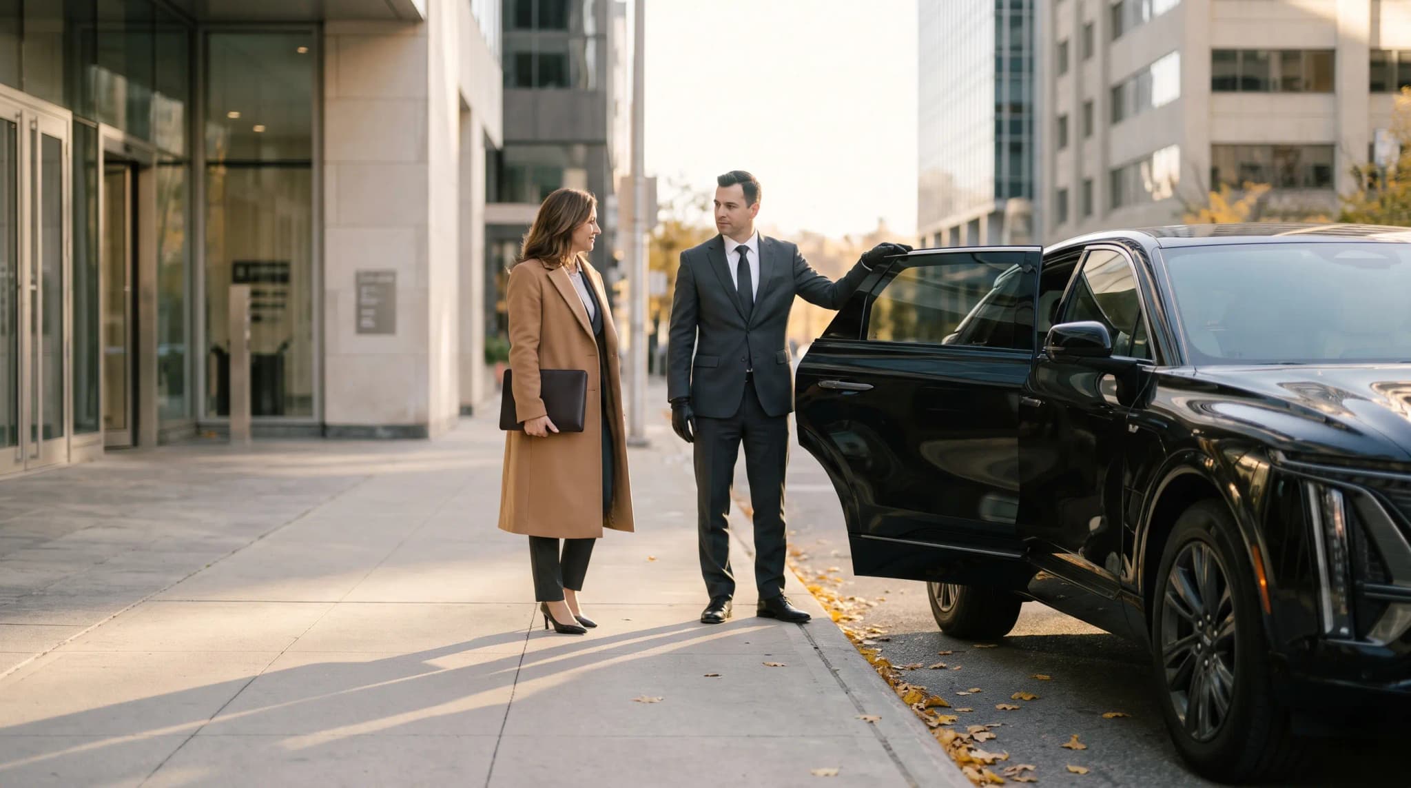 A businesswoman in a camel coat smiles at a chauffeur holding the rear door of a black SUV outside an office building on an autumn morning