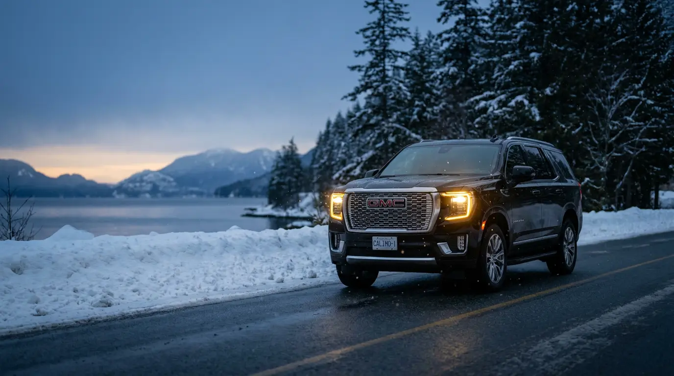 A black SUV with its headlights on, on a ploughed coastal mountain highway at dusk, past snowbanks and snow-covered evergreens