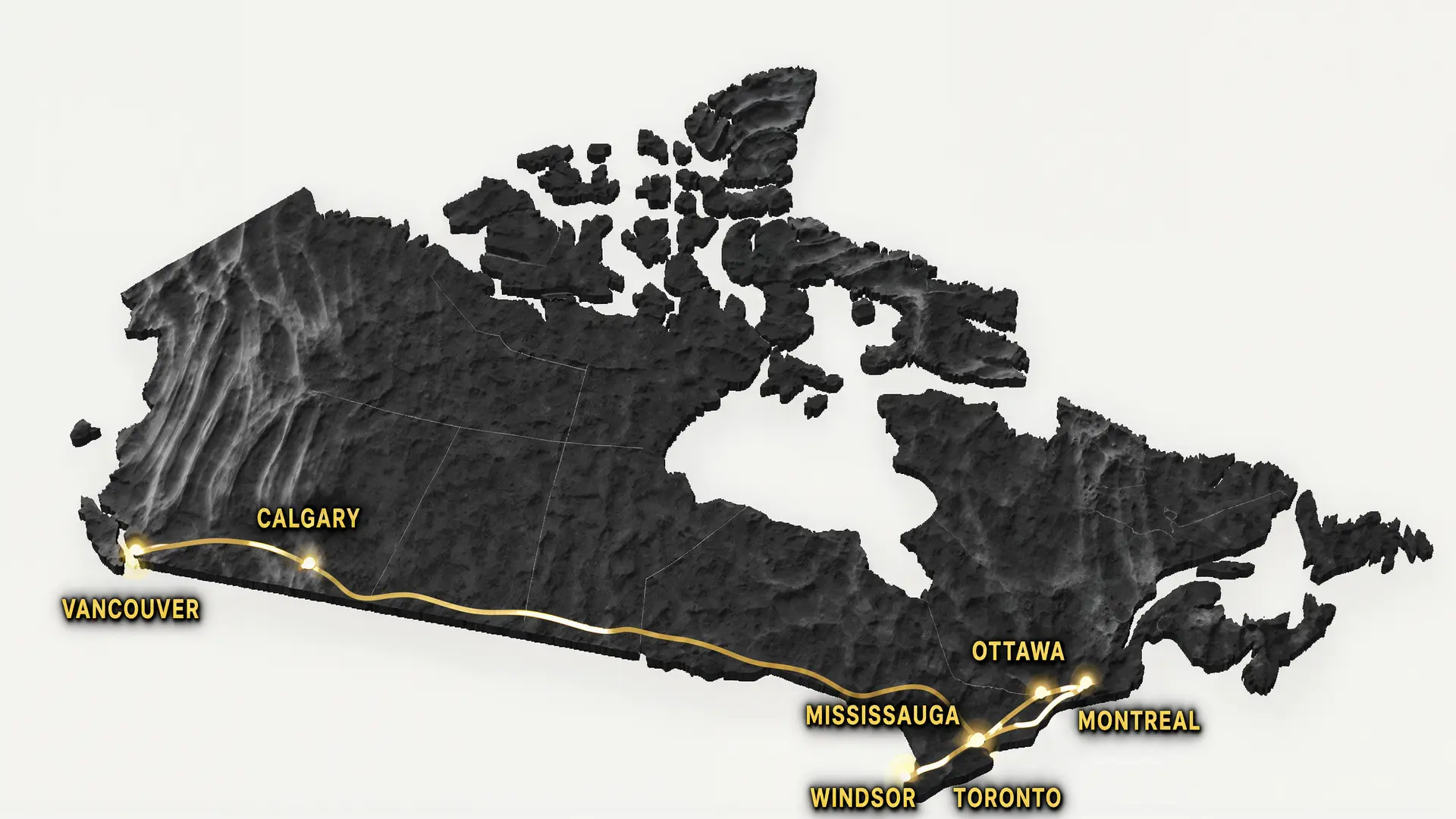 Map of Canada showing Canadian Limos routes through Vancouver, Calgary, Mississauga, Windsor, Toronto, Ottawa, and Montréal