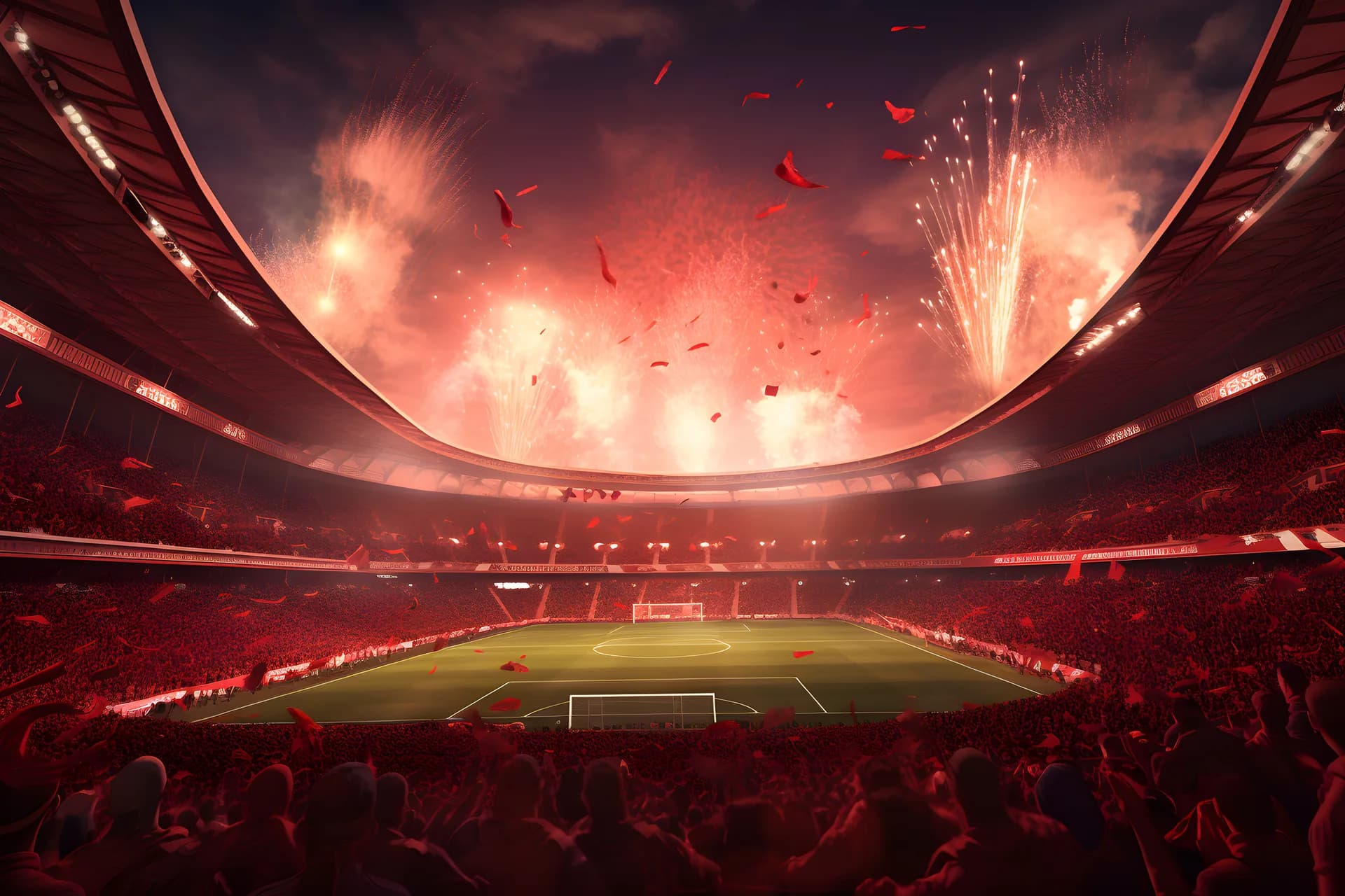A packed World Cup stadium at night with the pitch lit and fireworks overhead