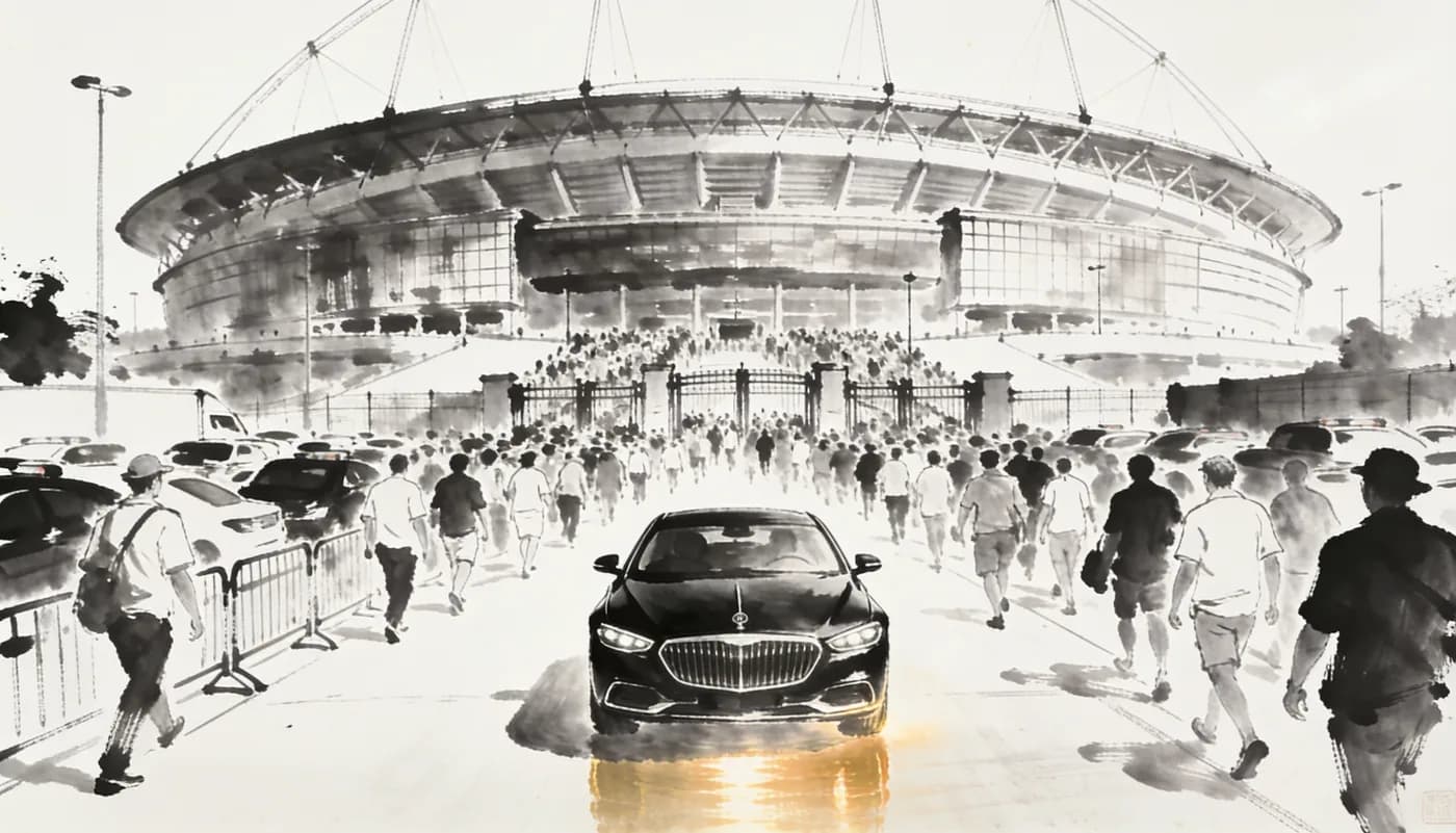Illustration of a chauffeured sedan arriving at a packed stadium as fans stream in