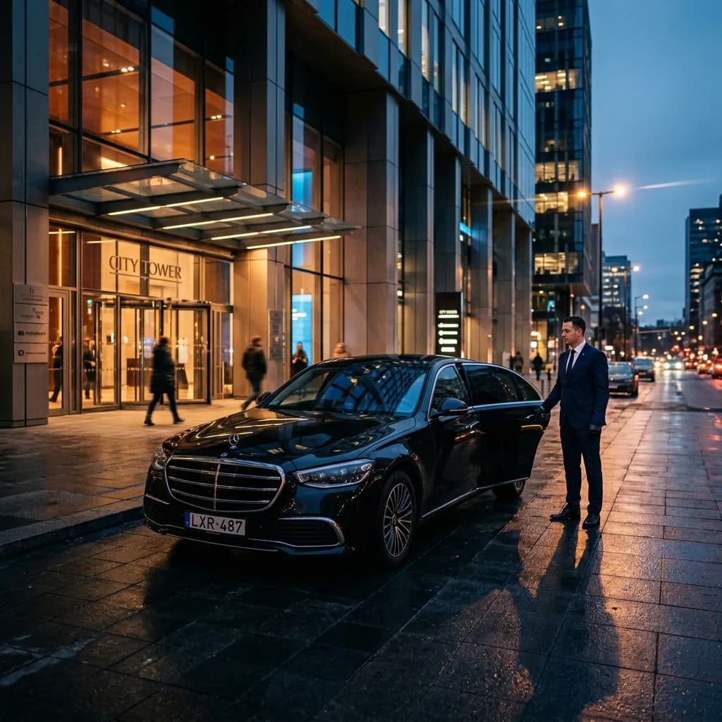 A chauffeur opening the rear door of a black executive sedan outside a downtown office tower at dusk