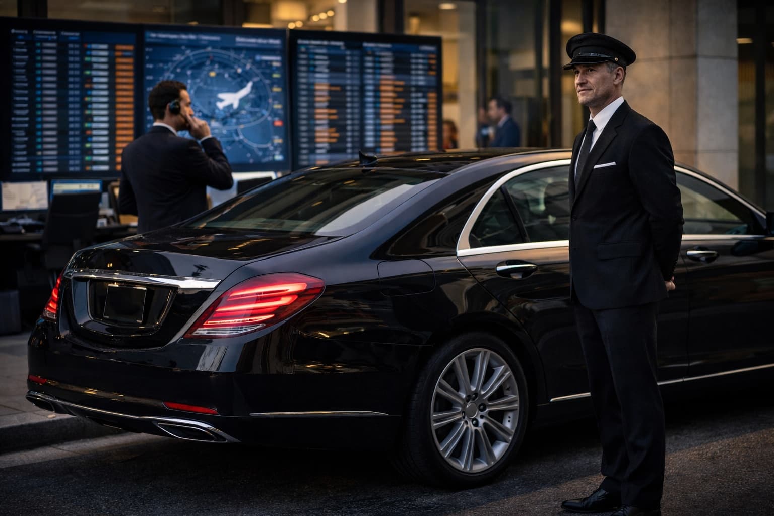 A professional Canadian Limos chauffeur beside an executive vehicle