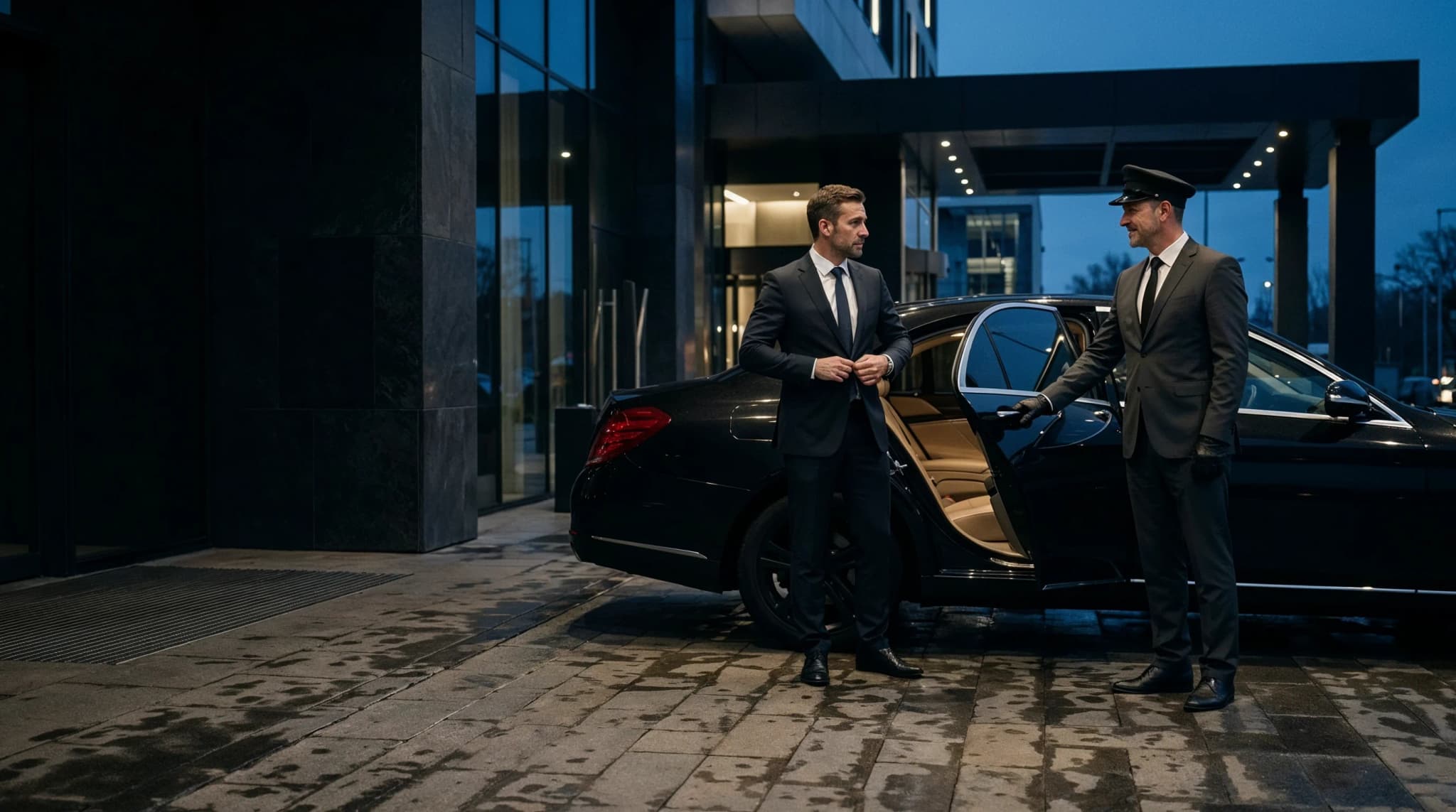 A professional Canadian Limos chauffeur standing beside an executive vehicle