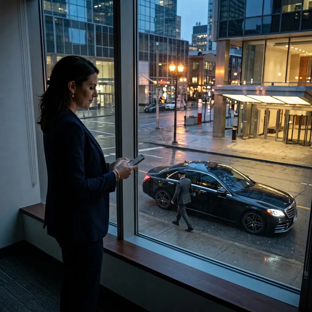 A booking contact watching her chauffeur pull up on the street below from an office window