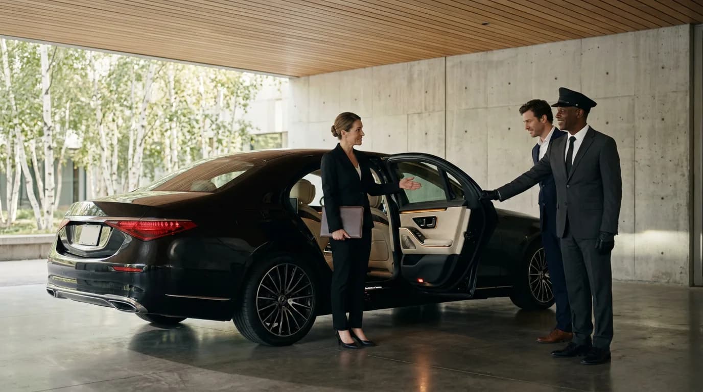 An account manager and a chauffeur welcoming an executive to a waiting sedan