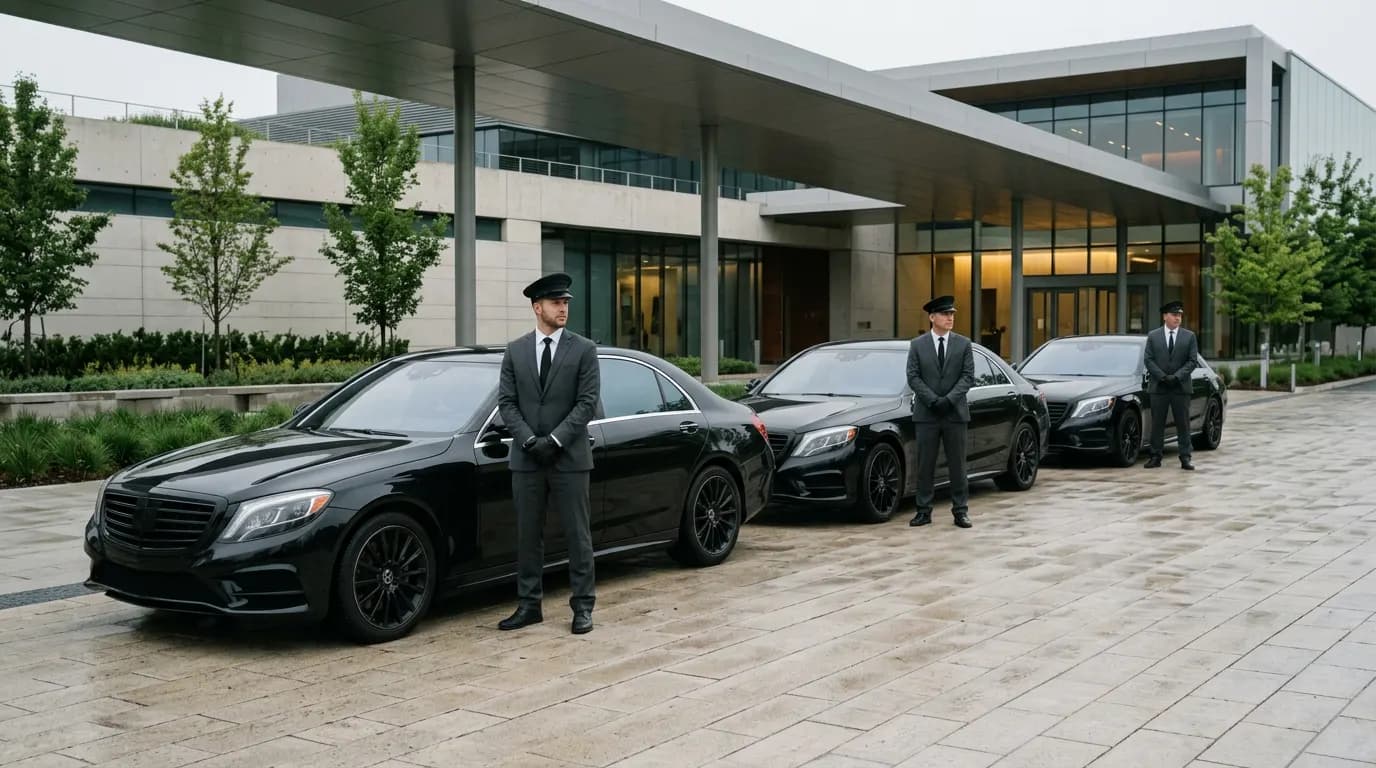 Three chauffeurs standing by black sedans at a corporate campus entrance
