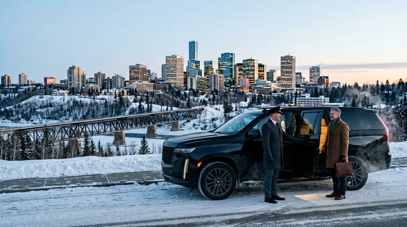 A chauffeur opening an SUV door on a cleared winter road above a snowbound river valley