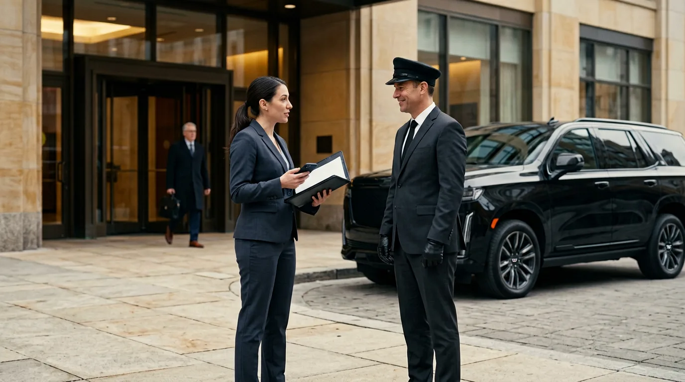 An executive assistant briefing a chauffeur beside a black SUV outside an office tower
