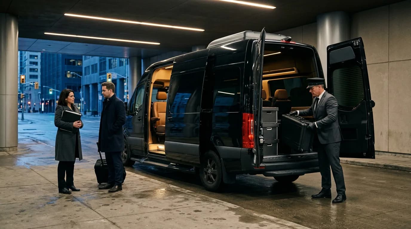 A chauffeur loading document cases into an executive van while legal counsel waits
