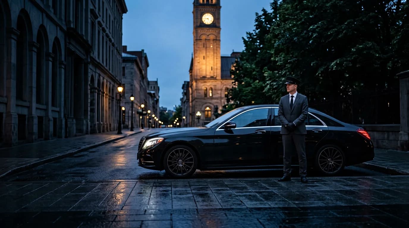 A chauffeur waiting beside a black sedan on a city street at blue hour