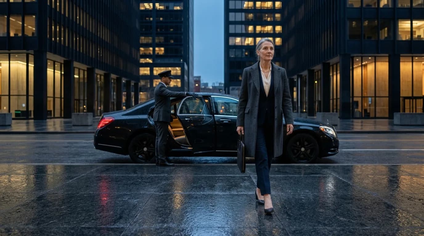 An executive leaving a black sedan outside a corporate tower at dusk