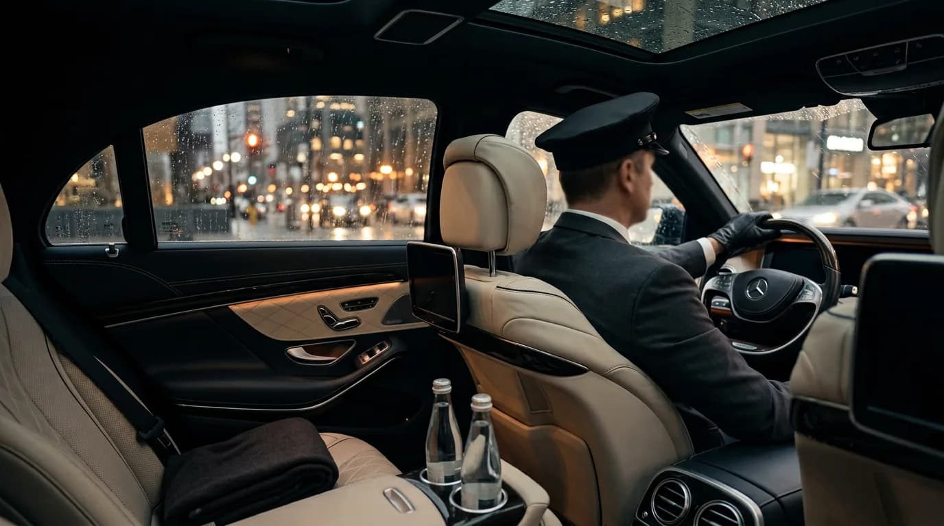 The rear cabin of a chauffeured sedan as it moves through the city at night