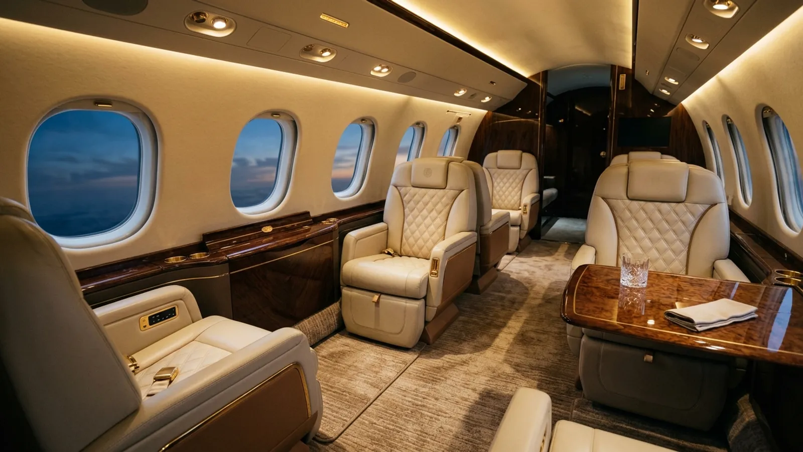 The interior cabin of a luxury private jet with cream leather seats and gold accents