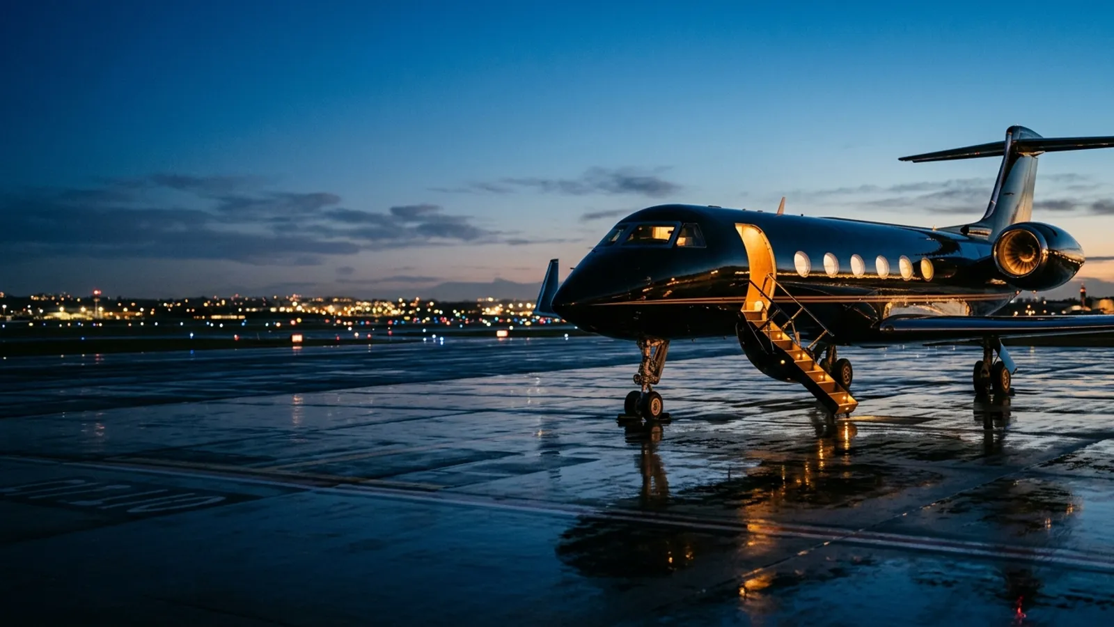 A private jet on a wet tarmac at dusk with the airstairs lit and cabin glowing