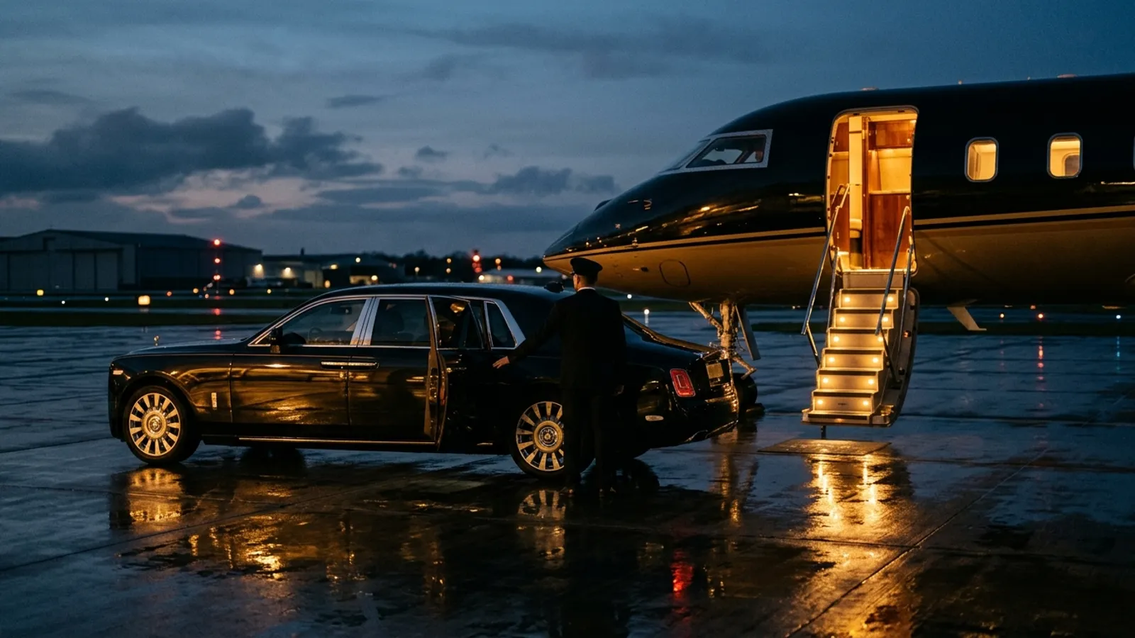 A chauffeur holding open a luxury sedan door beside a private jet's lit airstairs at dusk