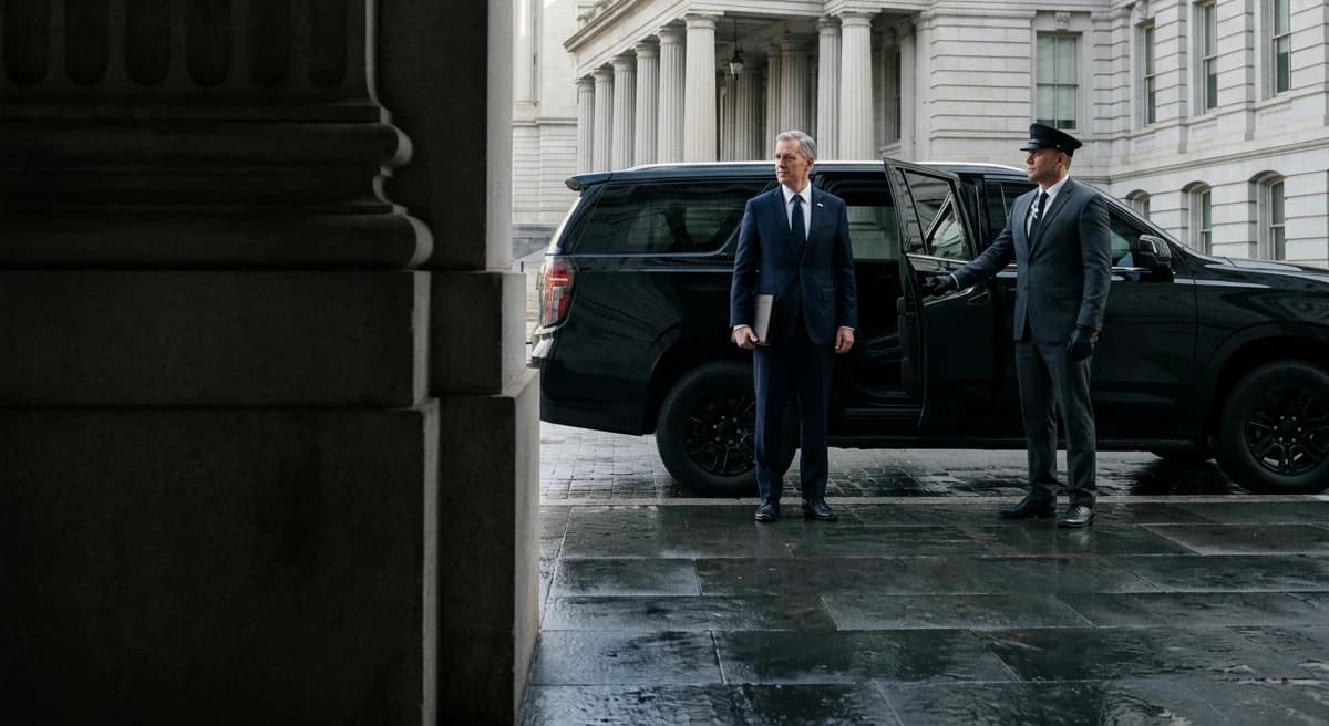 Chauffeur and official beside a black SUV outside a neoclassical government building