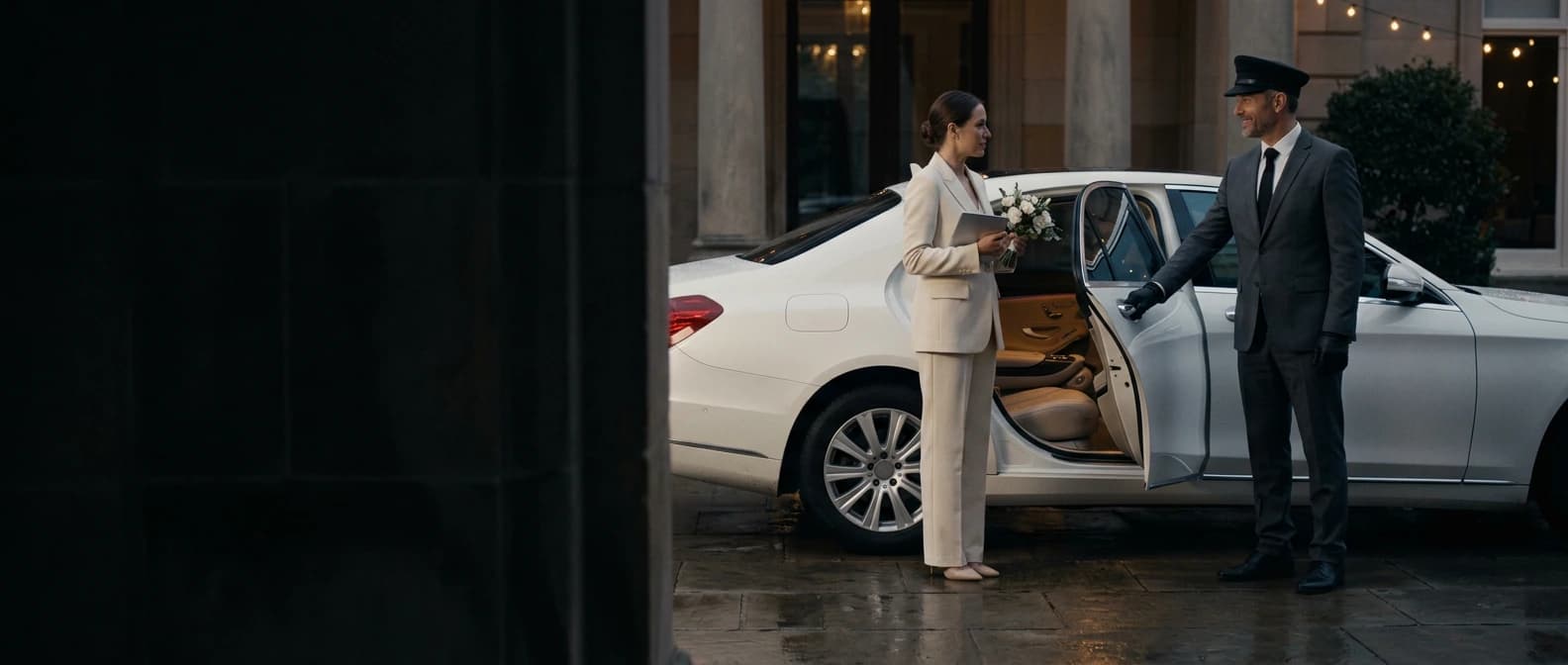 Wedding planner with a bouquet beside a white sedan held open by a chauffeur